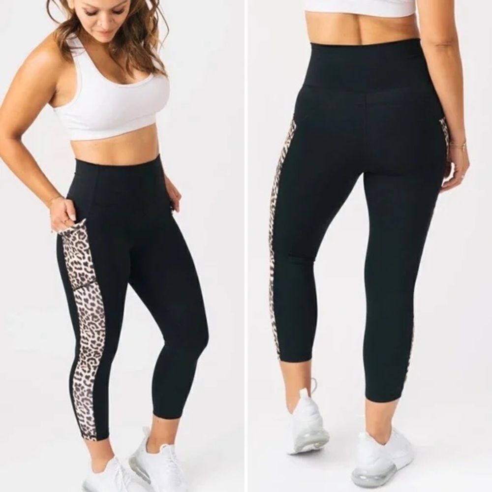 Zyia Active Leggings Women’s 4 Brilliant High Waist Black &‎ Leopard Pocket Crop